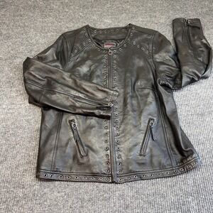 Bradley by Bradley Bayou Black Leather Grommet Eyelet Jacket XL Collarless Moto